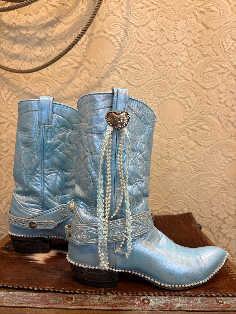 Handcrafted Tony Lama Metallic Light Blue Western Heart Accent Bridal Bling Boot - Picture 7 of 13